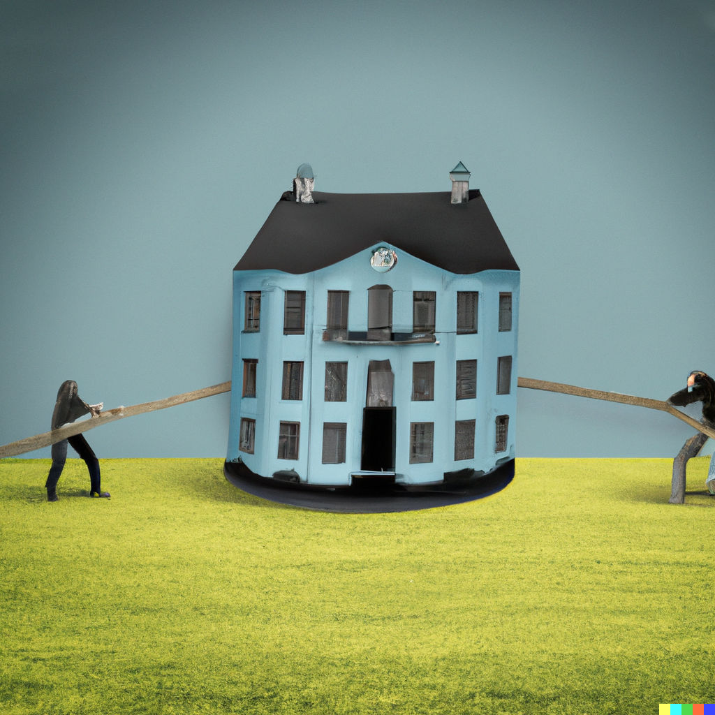 DALL·E 2022 08 14 02.12.49   modern digital art of two people playing tug of war with a beautiful and luxurious house in the middle of the rope 
